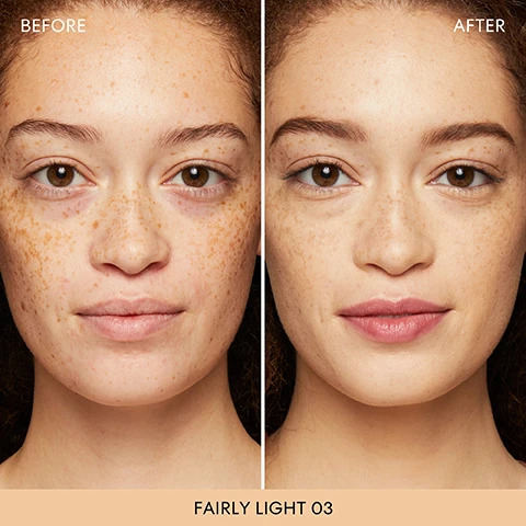 Image 1 - Image shows a comparison of a persons face labeled Before and After, with the left side displaying more freckles and a natural complexion, while the right side shows a smoother, more enhanced appearance; visible text includes FAIRLY LIGHT 03.
              Image 2 - A jar of bareMinerals powder is shown with some of the product spilled out, accompanied by text stating that 95% agree it reduced the appearance of imperfections and a note about a consumer study of 106 people.
              Image 3 - Image of six women showcasing different skin tones labeled from very fair to very light, with text descriptions underneath each image: FAIR 01, FAIR IVORY 02, FAIRLY LIGHT 03, GOLDEN FAIR 04, FAIRLY MEDIUM 05, and SOFT MEDIUM 11, along with their respective descriptions of skin undertones.
              Image 4 - Four arms of varying skin tones are shown with swatches of makeup shades labeled from Fair 01 to Golden Deep 28, alongside a round compact labeled bareMinerals.
              Image 5 - Image of three steps for using bareMinerals Loose Mineral Foundation with a Beautiful Finish Brush, showing a person swirling the brush in the lid, tapping away excess powder, and buffing the product onto the skin in a circular motion; text reads Swirl a small amount in the lid until it disappears into the brush, Tap away excess, and Buff in a circular motion, from the outside of your face inward.
              Image 6 - A color shade guide for bareMinerals Original Loose Mineral Foundation displays diverse skin tones arranged by intensity and undertone, with images of women showcasing different shades labeled as very fair to very deep, along with visible text indicating shade names and instructions for selecting the correct shade.