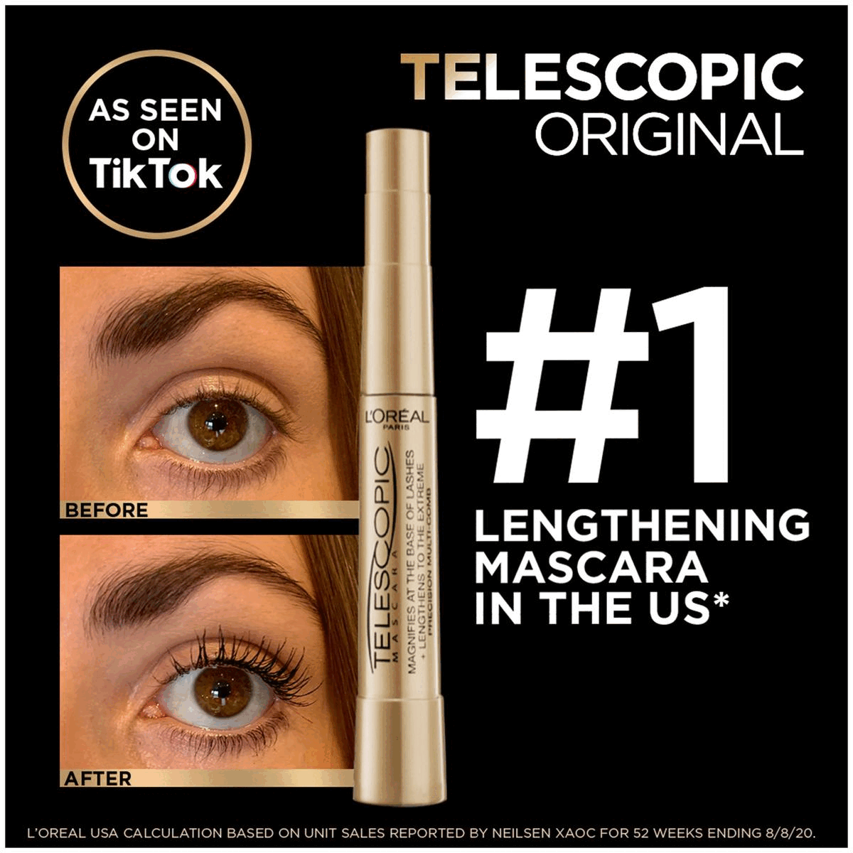 Image 1, number 1 lengthening mascara. Image 2, before and after. Image 3, product details. Image 4, three step routine. Image 5, up to 60% lengthening effect. Image 6, difference between the three versions