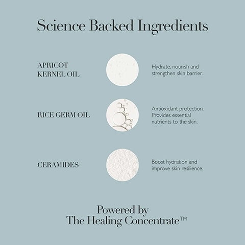 Image shows a light blue background with the title Science Backed Ingredients at the top, followed by three segments detailing ingredients: 1) Apricot Kernel Oil with the text Hydrate, nourish and strengthen skin barrier, 2) Rice Germ Oil with the text Antioxidant protection. Provides essential nutrients to the skin, and 3) Ceramides with the text Boost hydration and improve skin resilience, and at the bottom the text Powered by The Healing Concentrate™.