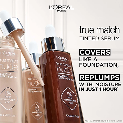 Image 1, true match tinted serum. covers like a foundation replumps with moisture in just 1 hour. clinical study n 84 women during 6 weeks. image 2, with 1% hyaluronic acid, infused with micro epidermic hyaluronic acid. 50 times smaller then macro HA. image 3, after vs before. image 4, swatches of 0/5-2, 1-2, 2-3, 3-4, 4-5, 5-6, 6-7, 7-8, 8-10, 10-12. image 4, lightweight texture that seamlessly blends into skin.