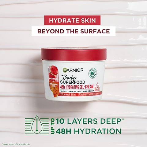 Image 1, hydrate skin beyond the surface. up to 10 layers deep 48 hours hydration. image 2, watermelon and hyaluronic acid. image 3, indy best buy 2022 - the independent. this lotion made my skin really nice and soft. smells fantastic and really keeps the skin moisturised. oui love garnier review panel, 2022. image 4, up to 10 layers deep. image 5, apply generously day and night. image 6, very dry skin, dry skin, normal to dry skin, normal skin.