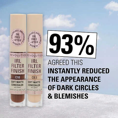 Image 1 - Two tubes of concealer labeled IRL FILTER FINISH in shades C18 and C8.5 are displayed against a light blue background, with visible text stating 93% AGREED THIS INSTANTLY REDUCED THE APPEARANCE OF DARK CIRCLES & BLEMISHES.
              Image 2 - A young woman with long dark hair is applying a makeup product to her cheek while showcasing three concealer tubes beside her, with text above stating UNREAL RESULTS, IN REAL LIFE and text below reading IRL FILTER FINISH.
              Image 3 - Four images of women showing before and after results of a cosmetic product, with captions reading REAL LIFE on the bottom left, ALSO REAL LIFE on the top right, and ZERO RETOUCH on the bottom right.
              Image 4 - A woman with dark hair and warm skin tone smiles, showing her face split in two; on the left side, she has a natural look, while the right side has a smoother appearance with makeup, featuring three bottles of a product below the image with text that says REAL LIFE, UNREAL RESULTS, IN REAL LIFE, and ALSO REAL LIFE.