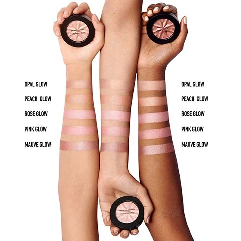 Image 1, swatches on three different skin tones = opal glow, peach glow, rose glow, pink glow and mauve glow. Image 2, glowing combo. brighter, more even skin tones with reduced hyperpigmentation and no white cast. gen nude highlighting blush in opal glow and gen nude powder blush beiges for days. image 3, gen nude powder blush, finish = natural. benefits = healthy looking wash of colour, all day wear, vegan and talc free. coverage = buildable from sheer to medium. key ingredient = blurring mineral complex. gen nude bronzer, finish = luminous. benefits = rosiness of blush and glow of a bronzer. all day wear, began and talc free. key ingredient = blurring mineral complex. gen nude highlighting blush, finish = ultra luminous. benefits = rosiness of a blush and luminosity of a highlighter, all day wear, vegan and talc free. coverage = sheer. key ingredient = custom pearl blends.