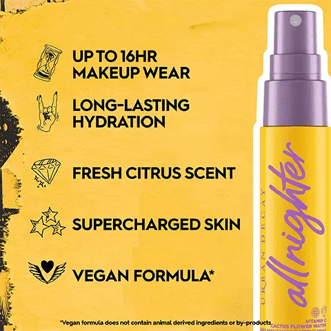 Image 1, Up to 16  hr makeup wear, long lasting hydration, fresh citrus scent, supercharged skin and vegan formula. Image 2, Vitamin C cactus flower water. Image 3, Premium setting spray brand in UK. Image 4, instant hydration. Image 5, up to 16 hour makeup wear. Image 6, the OG Uk's no1 setting spray, up to 16 hr wear, unscented, real skin finish, vegan formula. Vitamin C new, up to 16 hrs wear, fresh citrus scent, glow finish ad vegan formula
