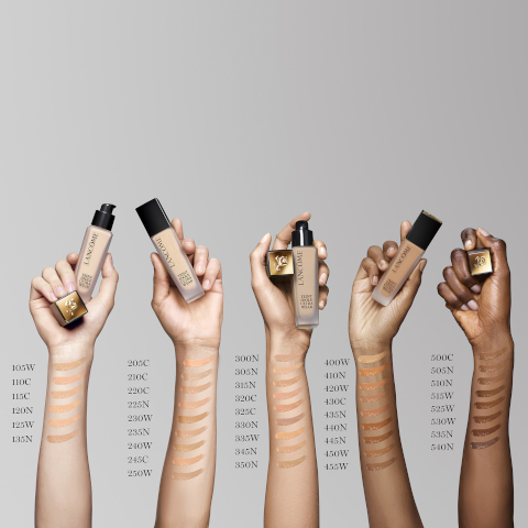 Model arm swatches of all the shades that includes 105W,110C,115C,120N,125W,135N,205C,210C,220C,225N,230W,235N,240W,245C,250W,300N,305N,315N,320C,325C,330N,335W,345N,350N,400W,410N,420W,430C,435N,440N,445N,450W,455W,500C,505N,510N,515W,525W,530W,535W and 540N