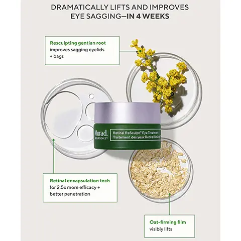 Image 1, DRAMATICALLY LIFTS AND IMPROVES EYE SAGGING-IN 4 WEEKS Resculpting gentian root improves sagging eyelids + bags Murad. Retinal ReSculpt Eye Treatme Traitement des yeux Rethel Rebor Retinal encapsulation tech for 2.5x more efficacy + better penetration Oat-firming film visibly lifts Image 2, UNRETOUCHED REAL RESULTS Before After 1 week Retinal ReSculpt Eye Lift Treatment Image 3, ENCAPSULATED RETINAL TECH 101 WHAT IT IS Our retinal is encapsulated in an exclusive delivery system for enhanced stability and targeted delivery deep within skin's surface HOW IT WORKS This tech allows for 2.5x more effectiveness (vs. free retinal)-while still being gentle on skin WHAT IT DOES Visibly lifts, firms and tightens the eye area and brow bone; reduces deep-set wrinkles and restores elasticity and resilience
