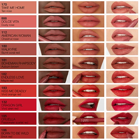 Image 1, model shots of take me home - tan rose. dolce vita - dusty rose. american woman - chestnut rose. walkyrie - burnt coral red. bohemian rhapsody - auburn brown. endless love - maple red. kiss me deadly - vivid orange red. dragon girl - vivid siren red. cruella - passionate scarlet red. born to be wild - brick red. on three different skin tones. image 2, potency meets precision. 12 hour wear, transfer proof, bold-matte finish. image 3, swatches of kiss me deadly, dragon girl, take me home, dolce vita, american woman, walkyrie, bohemian rhapsody, endless love, born to be wild and cruella. image 4, step 1 = line top lip starting at the cupid's bow to define shape. 2 = line bottom lip to accentuate fullness and add overall shape to the lips. 3 = starting with the bottom lip, fill lips with the bold, dense colour. 4 = move to the top lip and fill to complete your powerful lip look. image 5, swatches of kiss me deadly, dragon girl, take me home, dolce vita, american woman, walkyrie, bohemian rhapsody, endless love, born to be wild and cruella on three different skin tones. image 6, pick your power. powermatte lipstick - high intensity, slim line lipstick glides on bold colour with 10 hour wear in just one swipe. powermatte lip pigment - highly pigmented loquid lipstick applies like an ink for lasting comfortable matte colour. powermatte high intensity lip pencil - bold matte pencil saturates lips in precise, transfer-proof pigment with 12 hour staying power. image 7, pick your nars lip. powermatte lipstick, finish - matte, coverage = full, benefit = bold colour that lasts for 10 hours. afterglow sensual shine lipstick, finish = high shine, coverage = sheer to medium buildable, benefit = dimensional shine with 8 hour hydration. afterglow lip shine, finish = high shine, coverage = sheer, benefit = hydrates lips for up to 8 hours. afterglow lip balm, finish = subtle shine, coverage = sheer, benefit = smoothing long lasting comfort. powematte high intensity lip pencil, finish = matte, coverage = full, benefit = transfer proof colour with 12 hour wear.