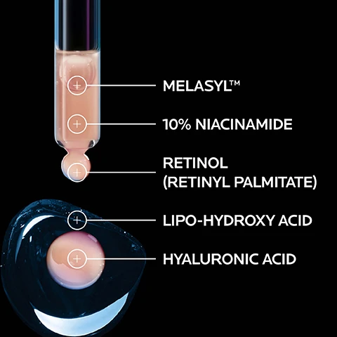 Image 1 - An image showing a dropper filled with a pink serum, with labels indicating the ingredients: MELASYL™, 10% NIACINAMIDE, RETINOL (RETINYL PALMITATE), LIPO-HYDROXY ACID, and HYALURONIC ACID, all against a black background.
              Image 2 - Image showing a skincare product, La Roche-Posay Mela B3 Serum, with BEFORE and AFTER sections that depict skin changes; the serum bottle is purple with a white label that includes text about its formulation, and there are notes at the bottom regarding individual results over 8 and 12 weeks.
              Image 3 - An image featuring two circular blue and purple designs on black backgrounds; the left side includes the text MELASYL™ and the phrase FIGHT HYPERPIGMENTATION. A NEW MODE OF ACTION, LIKE NEVER BEFORE* and the right side displays 10% NIACINAMIDE with the text SOOTHES THE SKIN & STRENGTHENS THE SKIN BARRIER.
              Image 4 - A close-up of a womans face showing her eye and cheek, with text overlay stating Lightweight Gel Serum Texture, Clinically Tested on Dark Spot Prone Skin, and Ultimate Sensoriality Maximum Efficacy.
              Image 5 - Image shows three La Roche-Posay skincare products arranged in a row, labeled as MELA B3 Cleanser, MELA B3 Serum, and ANTHELIOS UV Mune 400, with accompanying text detailing their functions such as purifying, anti-dark spots, and UV protection.
              Image 6 - A hand reaching for a dropper bottle of La Roche-Posay Mela B3 Serum, with text instructing to apply 2-3 drops to the face and neck after cleansing morning and/or evening.
              Image 7 - Image features two illustrations of individuals with text indicating that the product is recommended by dermatologists and suitable for sensitive skin, along with icons showing it is alcohol-free and non-comedogenic.