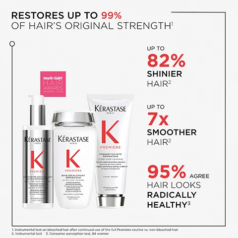 Image 1 - Image of Kérastase hair care products featuring three bottles: a treatment spray, a shampoo, and a conditioner, with text highlighting benefits including restores up to 99% of hair’s original strength, up to 82% shinier hair, up to 7x smoother hair, and 95% agree hair looks radically healthy.
              Image 2 - An infographic illustrating the Kérastase Première professional layering technique, featuring three steps: Step 1 shows a hand applying pre-shampoo with text ACTIVATE REPAIR, Step 2 depicts a hand adding shampoo with text CLEANSE & REPAIR, and Step 3 shows a hand holding conditioner with text CONDITION & REPAIR, along with instructional text for each step.
              Image 3 - An image of two test tubes with a pink bubbly liquid in one and a clear liquid with swirling gray in the other, with text that reads: FORMULATED WITH PROFESSIONAL GRADE INGREDIENTS, 5% GLYCINE, REBUILD BROKEN BONDS BETWEEN KERATIN CHAINS TO REDUCE BREAKAGE, 3% PURE CITRIC ACID, ACTS ON INNER & OUTER HAIR LAYER TO NEUTRALISE DULLNESS AND STIFFNESS.
              Image 4 - A collage showing four individuals with different hair types and colors, displaying before and after results of hair treatment; visible text includes SUITABLE FOR ALL HAIR TYPES, FOR ALL DAMAGE, and TO HELP followed by lists of hair concerns and benefits.
              Image 5 - Image of a transparent gel with an organic shape and smaller circular droplets, accompanied by the text TRANSPARENT GEL PREMIÈRE DECALCIFYING REPAIRING PRE-SHAMPOO TREATMENT.
              Image 6 - A dollop of white creamy foam on a smooth surface with the text WHITE CREAMY TEXTURE, VOLUPTUOUS FOAM and PRÉMIÈRE DECALCIFYING REPAIRING SHAMPOO visible.
              Image 7 - A smiling man with curly hair is wearing a dark blazer over a white shirt, with text beside him that reads HOVIG ETOYAN Global Professional Ambassador Damaged hair is the n°1 concern in our salon. It is great to now have a complete exclusive protocol to offer the best repair to our clients.
              Image 8 - A man with a beard and short hair, wearing a white lab coat over a black shirt, is positioned to the left of the image which contains text that reads: Edine Ahbich, Kérastase Scientific Director, Women report persistent hair damage despite using various repairing products. The problem: excessive calcium in rinsed water weakens hair. Premiere helps repair the hair with citric acid to remove the calcium, and glycine to repair the damage.