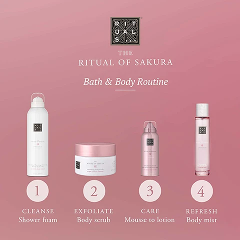 Image 1, bath and body routine. 1 = cleanse with shower foam. 2 = exfoliate with body scrub. 3 = care with mousse to lotion. 4 = refresh with body mist. image 2, ingredients. cherry blossom = has soothing and moisturising properties for soft and radiant skin. rice milk = makes your skin soft and supple, giving it a healthy glow.