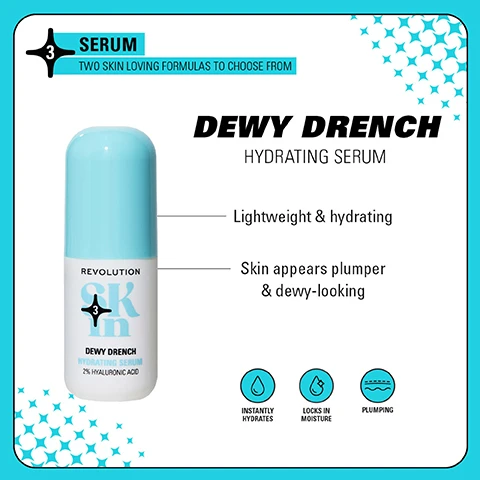 Image 1 - Image of a skincare product labeled Dewy Drench Hydrating Serum, featuring a light blue cap and text highlighting its benefits: lightweight and hydrating, with skin appearing plumper and dewy-looking, stating that it instantly hydrates, locks in moisture, and is plumping.
              Image 2 - Image shows two skincare product bottles side by side; the left bottle is labeled HYDRATE with previous packaging, and the right bottle is labeled DEWY DRRENCH with new packaging, both from REVOLUTION SKIN, with the text WEVE HAD A GLOW UP! above and NEW LOOK. SAME INCREDIBLE FORMULA. below.
              Image 3 - Image features four skincare product displays arranged in a grid: the top left labeled BE BRIGHT with orange bottles, HAPPY HYDRATE with blue bottles, the bottom left CLEARLY CLARIFY with green bottles, and the bottom right GO GENTLE with pink bottles, each accompanied by descriptions highlighting their benefits and a note about being dermatologist tested.