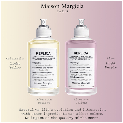 Image 1 - Image shows two bottles of Maison Margiela Replica fragrance positioned side by side; the left bottle is light yellow and labeled Afternoon Delight, and the right bottle is light purple also labeled Afternoon Delight, with text detailing fragrance features and stating that natural vanillas evolution affects color but not scent quality.