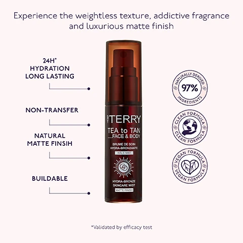 Image 1 - A skincare mist bottle with a dark design, labeled BY TERRY TEA TO TAN FACE & BODY, displaying features such as 24H hydration, non-transfer, natural matte finish, and buildable application, along with icons for naturally derived ingredients, clean formula, and vegan formula.
              Image 2 - Three side-by-side images of a womans face showing her appearance before and after the first and second application of a cosmetic product, with visible text labeling the images as Before, After First Application, and After Second Application.