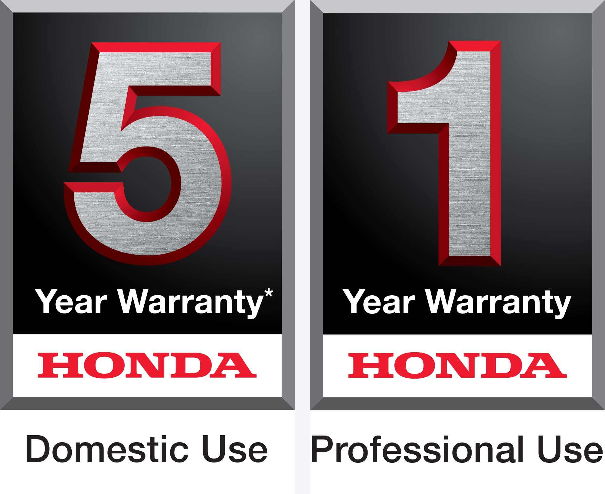5 Year Warranty. Honda. Domestic Use. 1 Year Warranty. Honda. Professional Use.