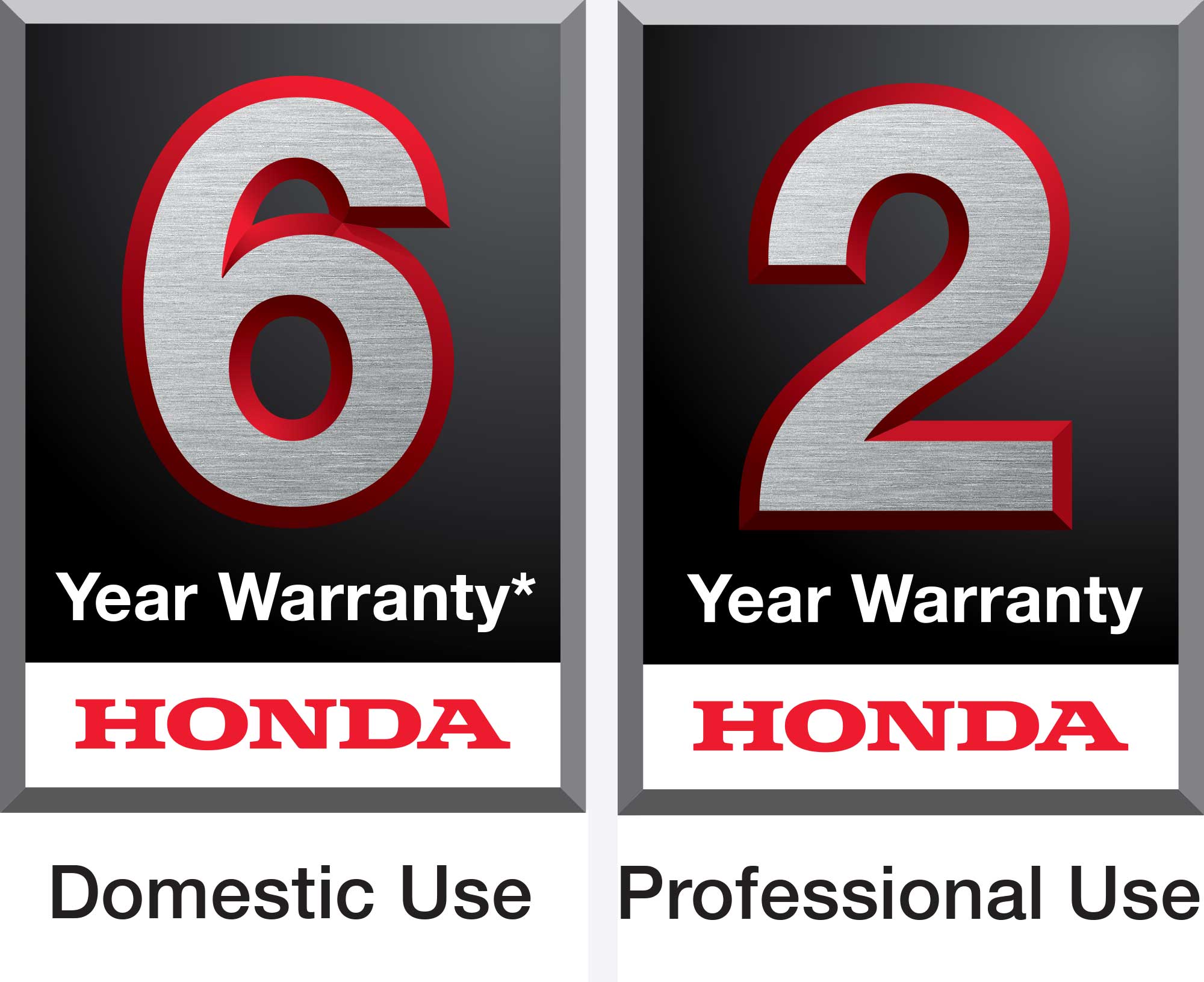 6 Year Warranty. Honda. Domestic Use. 2 Year Warranty. Honda. Professional Use.